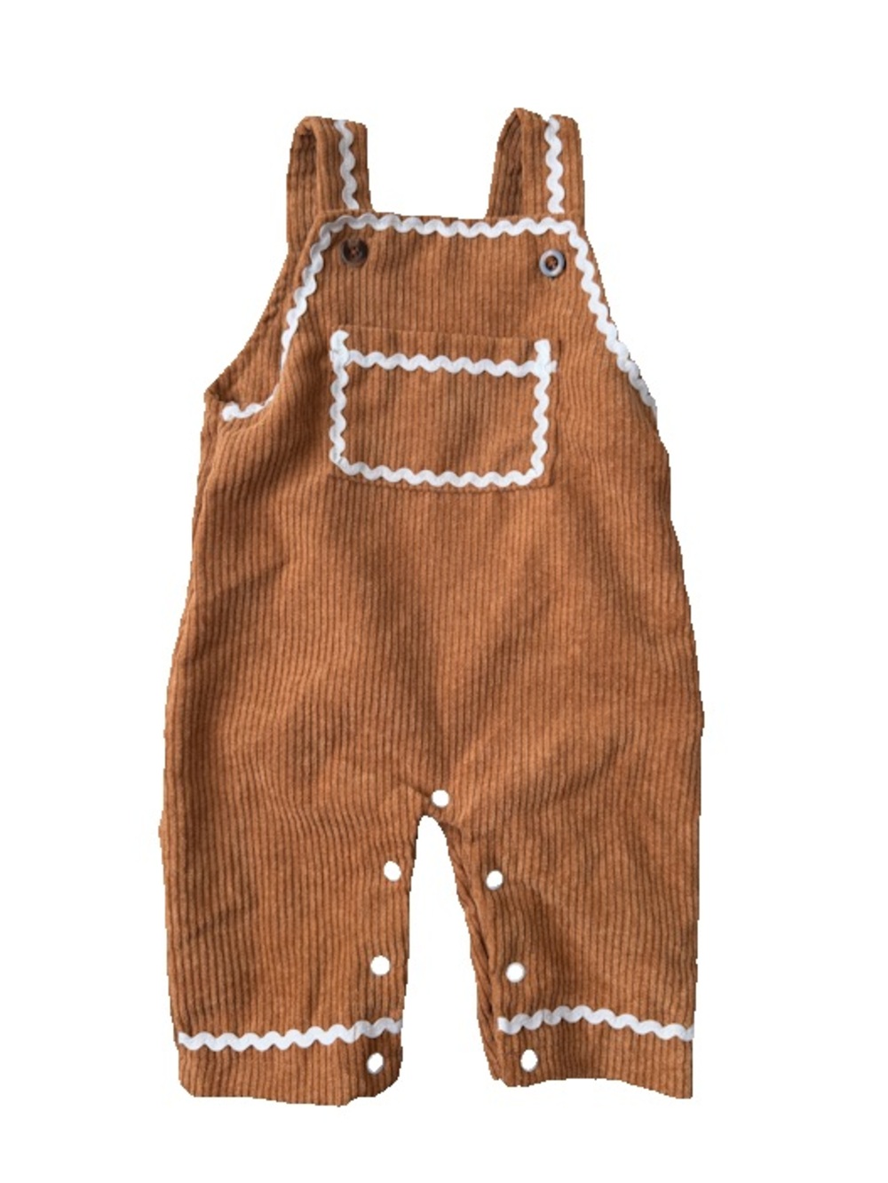 Brown Ribbed Overall Romper 0-3M White Ric Rac Trim VGUC